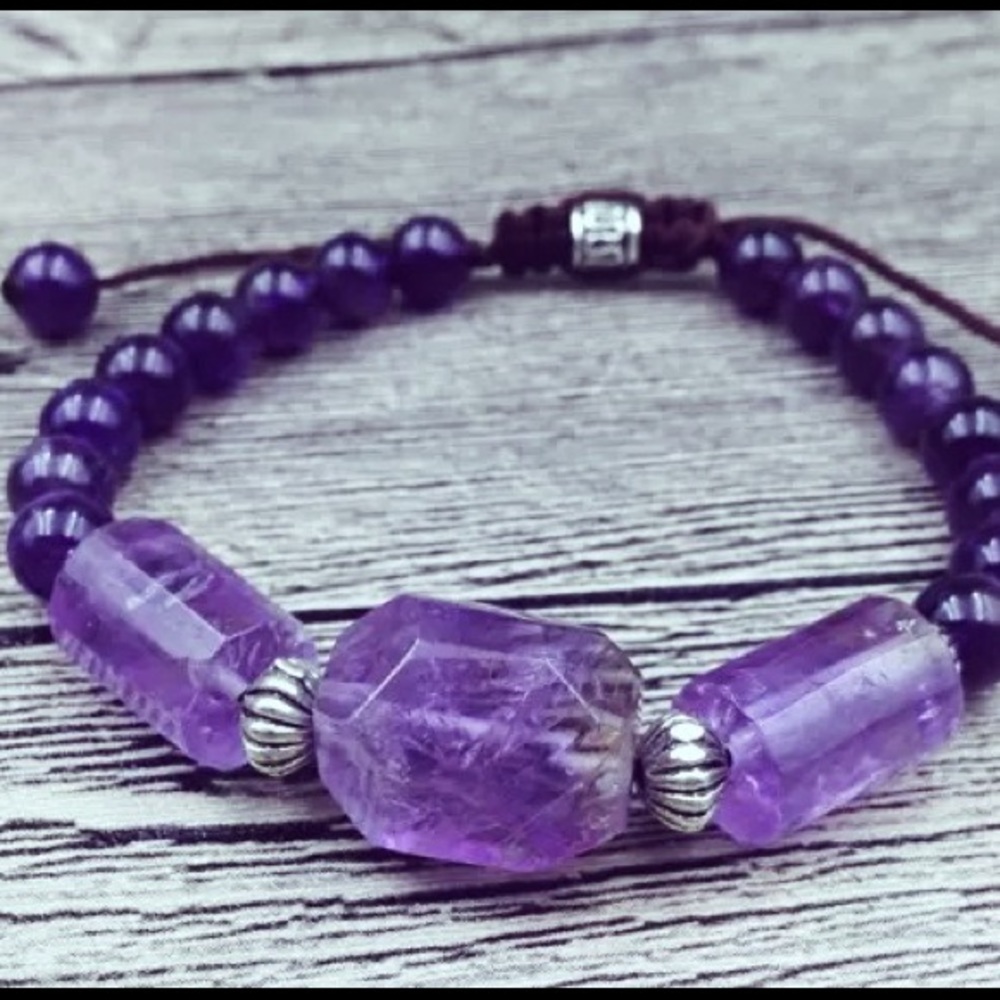 Handmade Natural Amethysts Beads Healing Bracelet Trendy Statement REAL